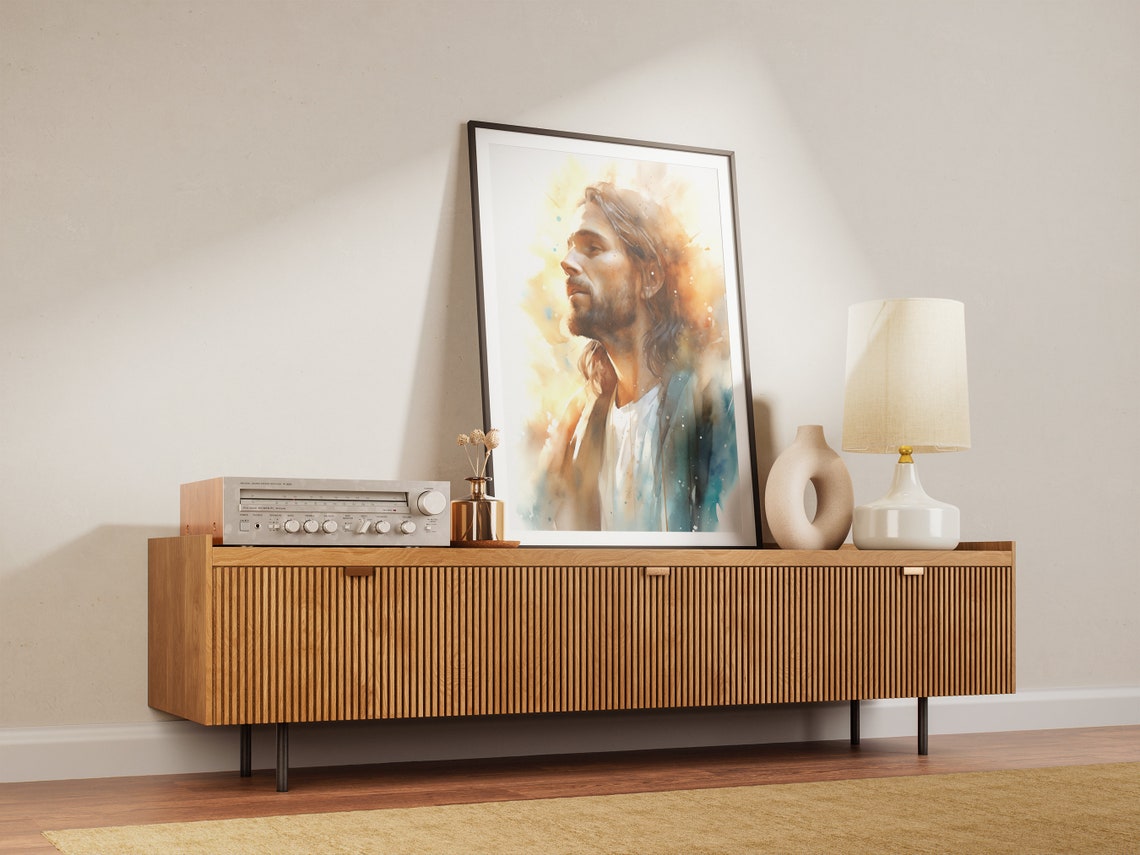 Jesus Christ Profile Radiant Glowing Watercolor Portrait Art Poster - Image 3
