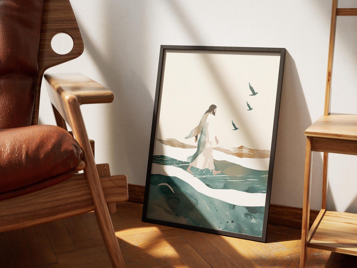 Minimalist Watercolor Jesus Walking on Waves Ocean Art Poster - Image 4