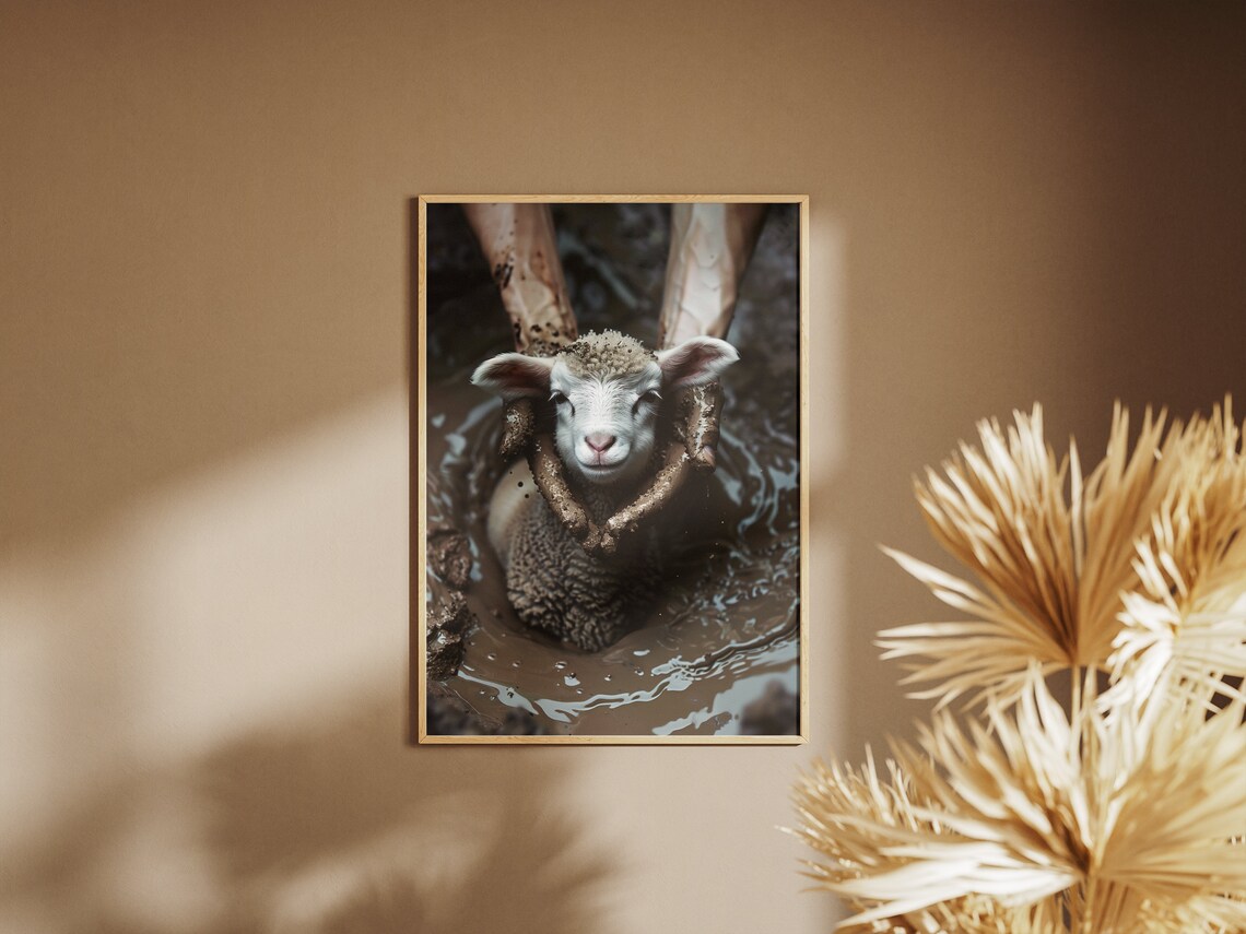 Found Lamb Washed Clean Hands Water Rescue Parable Christian Art Poster - Image 3