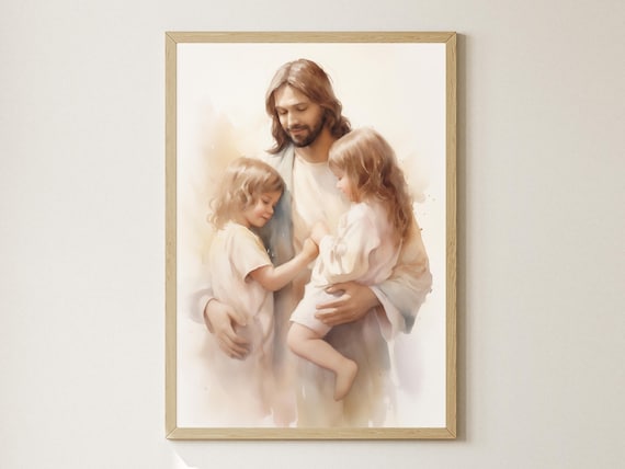 Jesus Christ Holding Little Girls Watercolor Children Faith Art Poster
