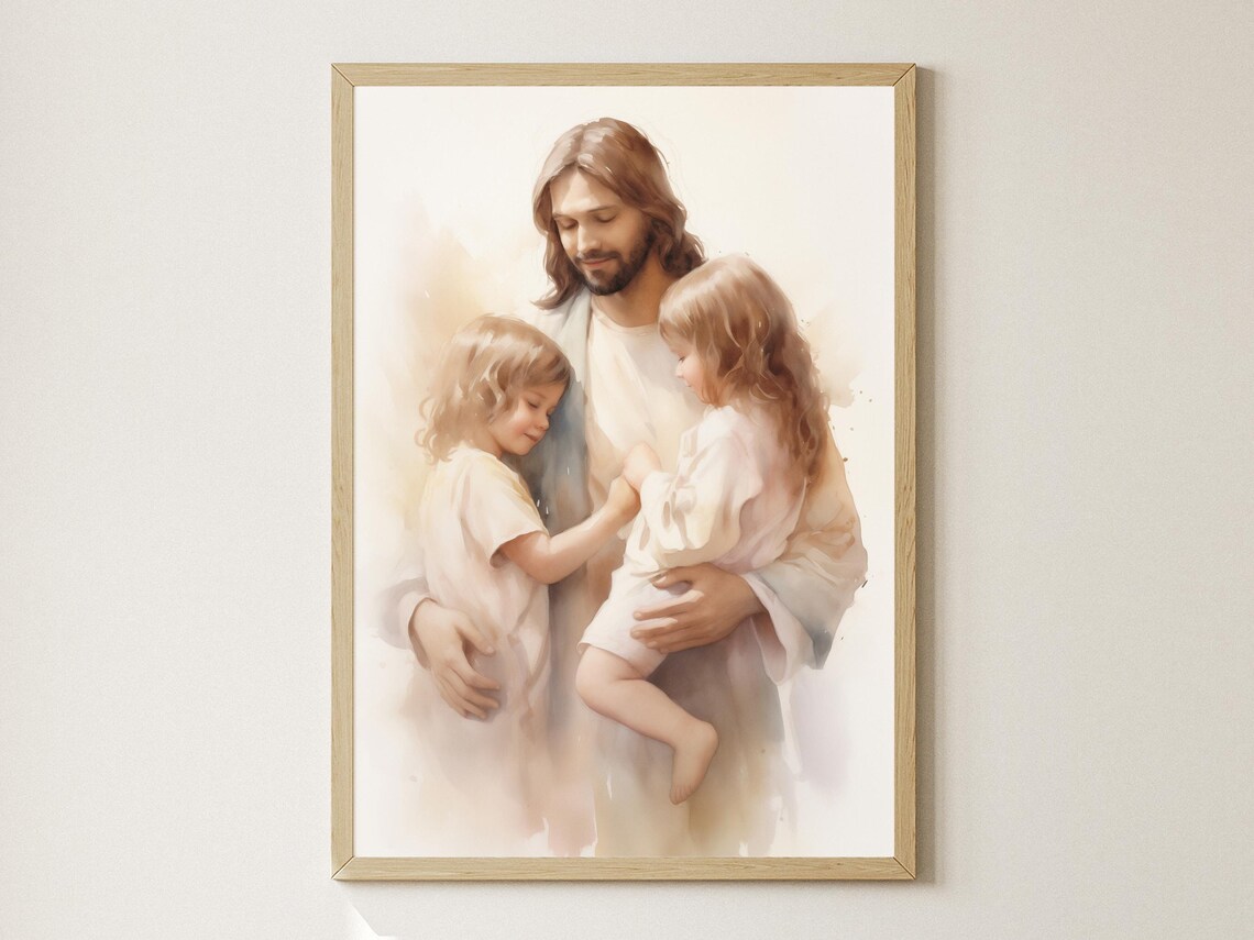 Jesus Christ Holding Little Girls Watercolor Children Faith Art Poster