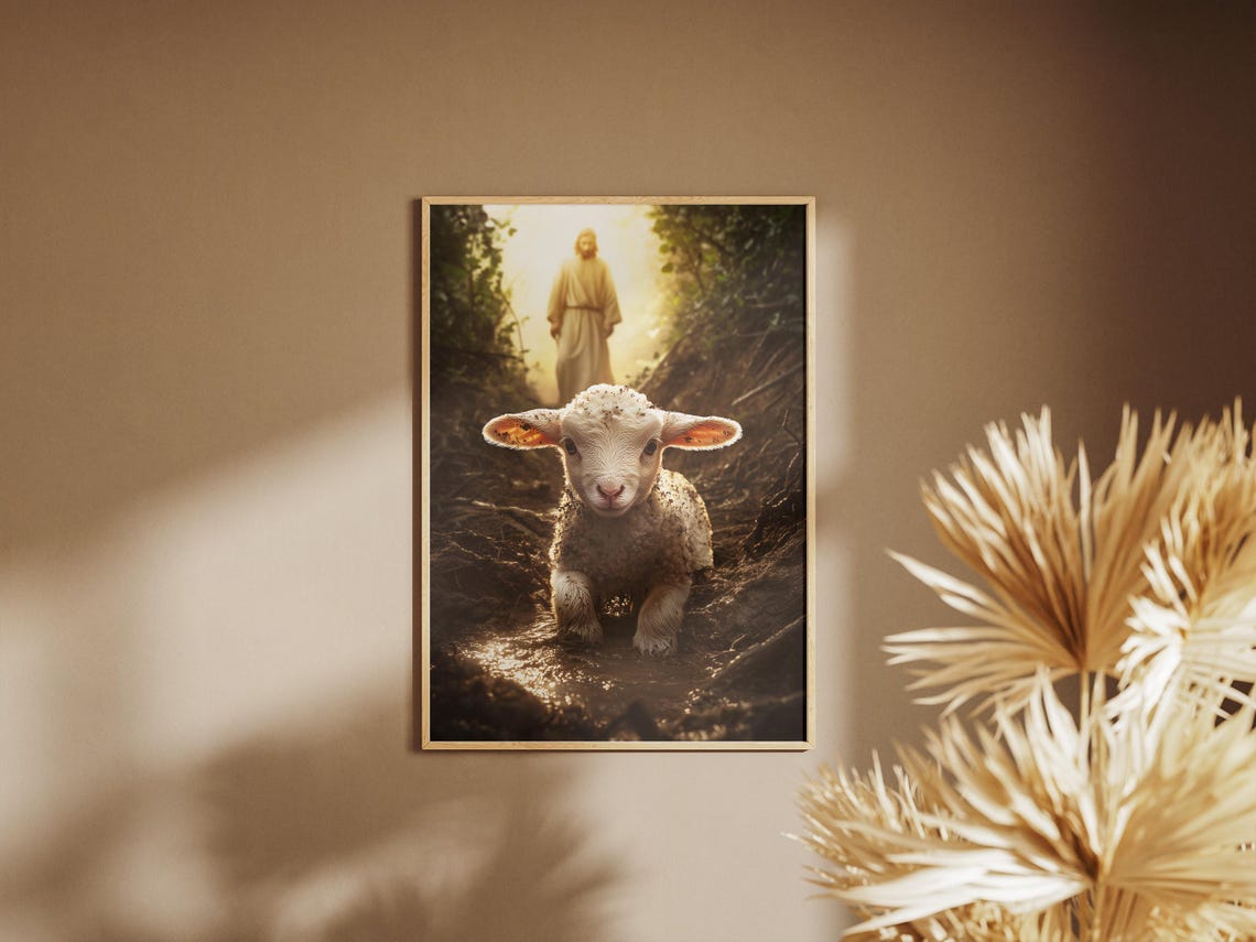 Lost Sheep Lamb Running to Jesus Light Parable Christian Art Poster - Image 3