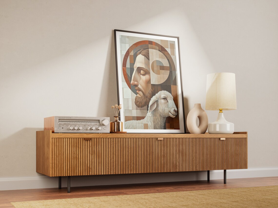 Jesus Good Shepherd Geometric Mosaic Cubist Lamb Halo Art Poster - Image 3