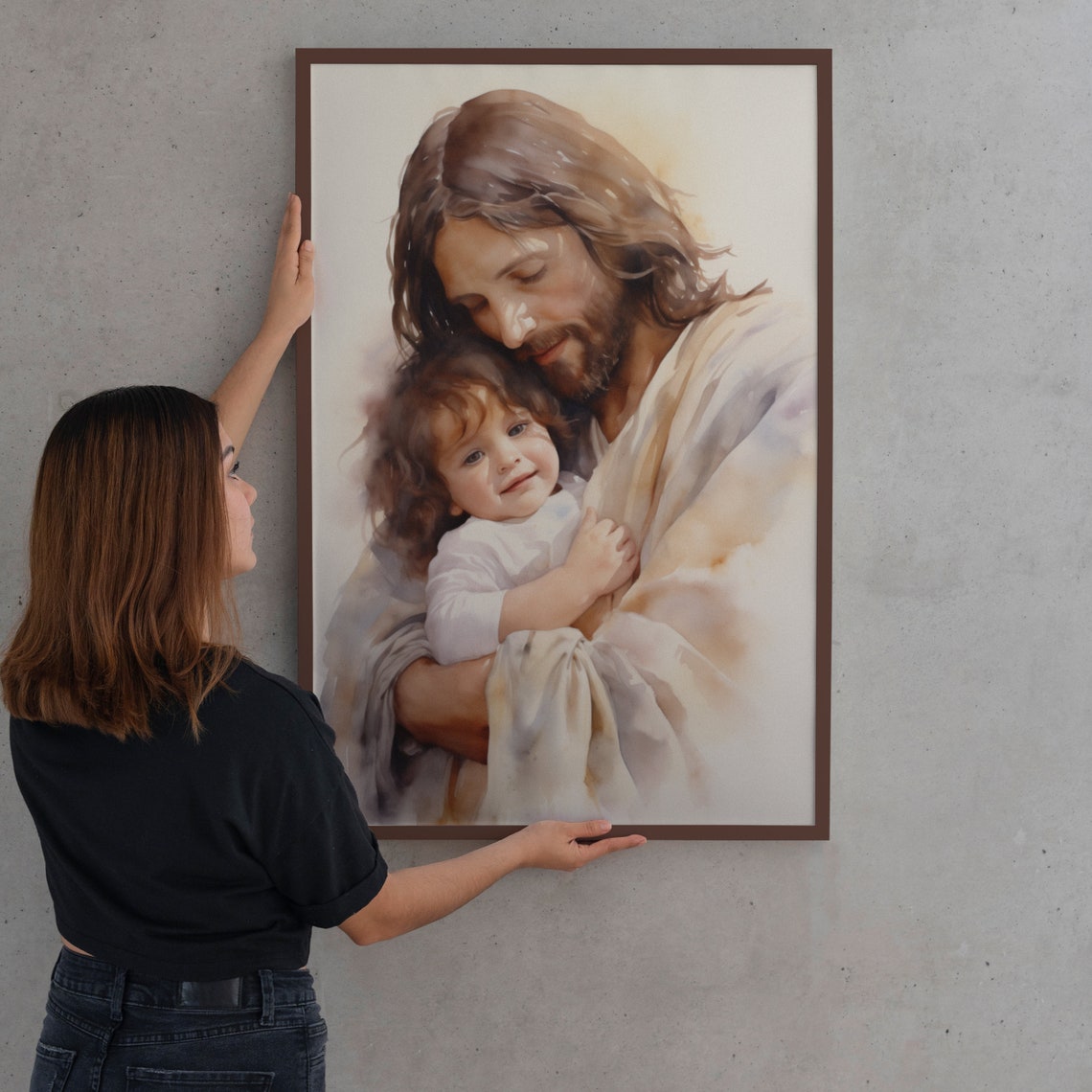 Jesus Embracing Child Loving Arms Soft Watercolor Art Poster - Image 2