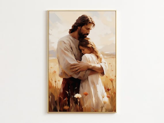 Jesus Hugging Little Girl in Wildflower Field Painterly Art Poster