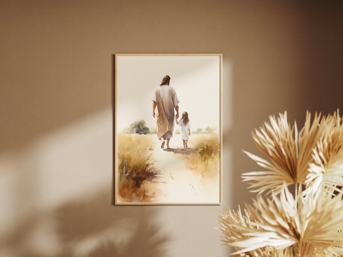Jesus Christ Holding Child Hand Wheat Field Watercolor Faith Art Poster - Image 3