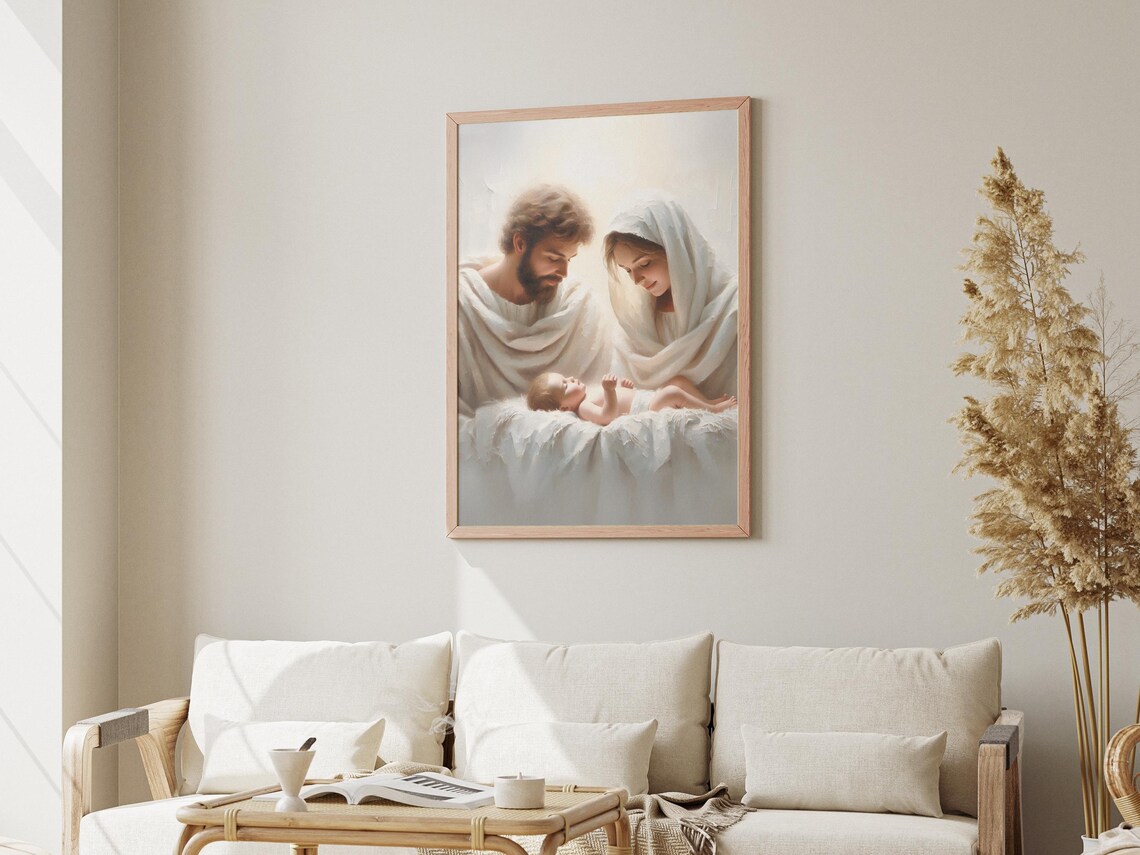 Nativity Scene Joseph Mary Baby Jesus Watercolor Christmas Art Poster - Image 3