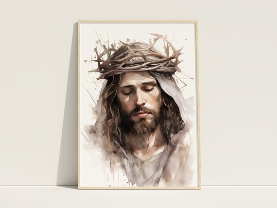 Jesus Crown of Thorns Serene Contemplative Watercolor Art Poster