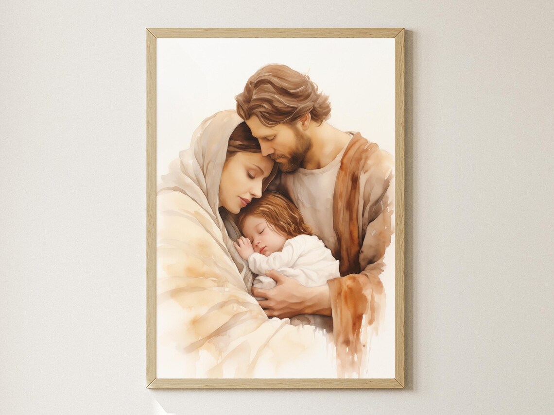 Holy Family Tender Embrace Watercolor Christian Faith Art Poster