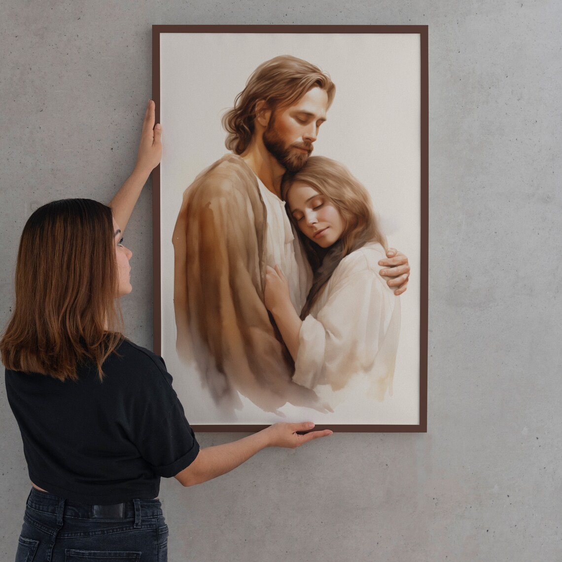 Jesus Embracing Woman Tender Watercolor Christian Art Poster - Image 2