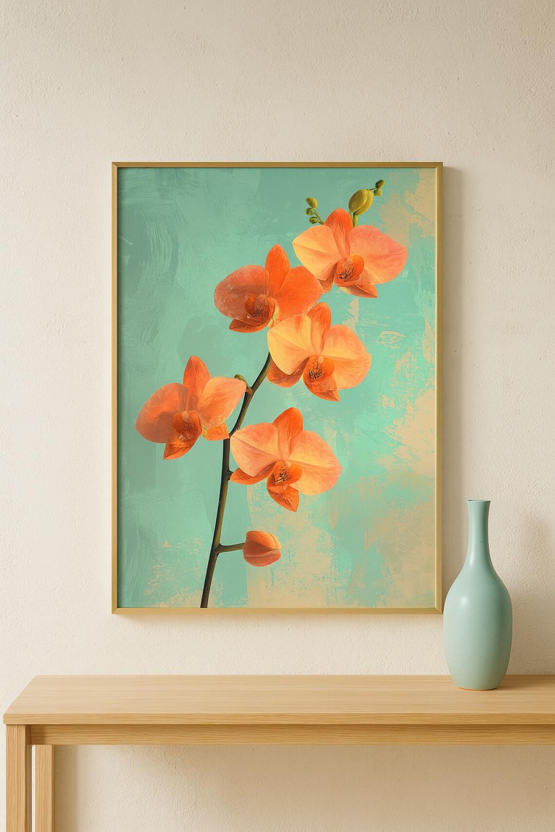 Orange Orchid Blooms Teal Background Tropical Botanical Art Poster