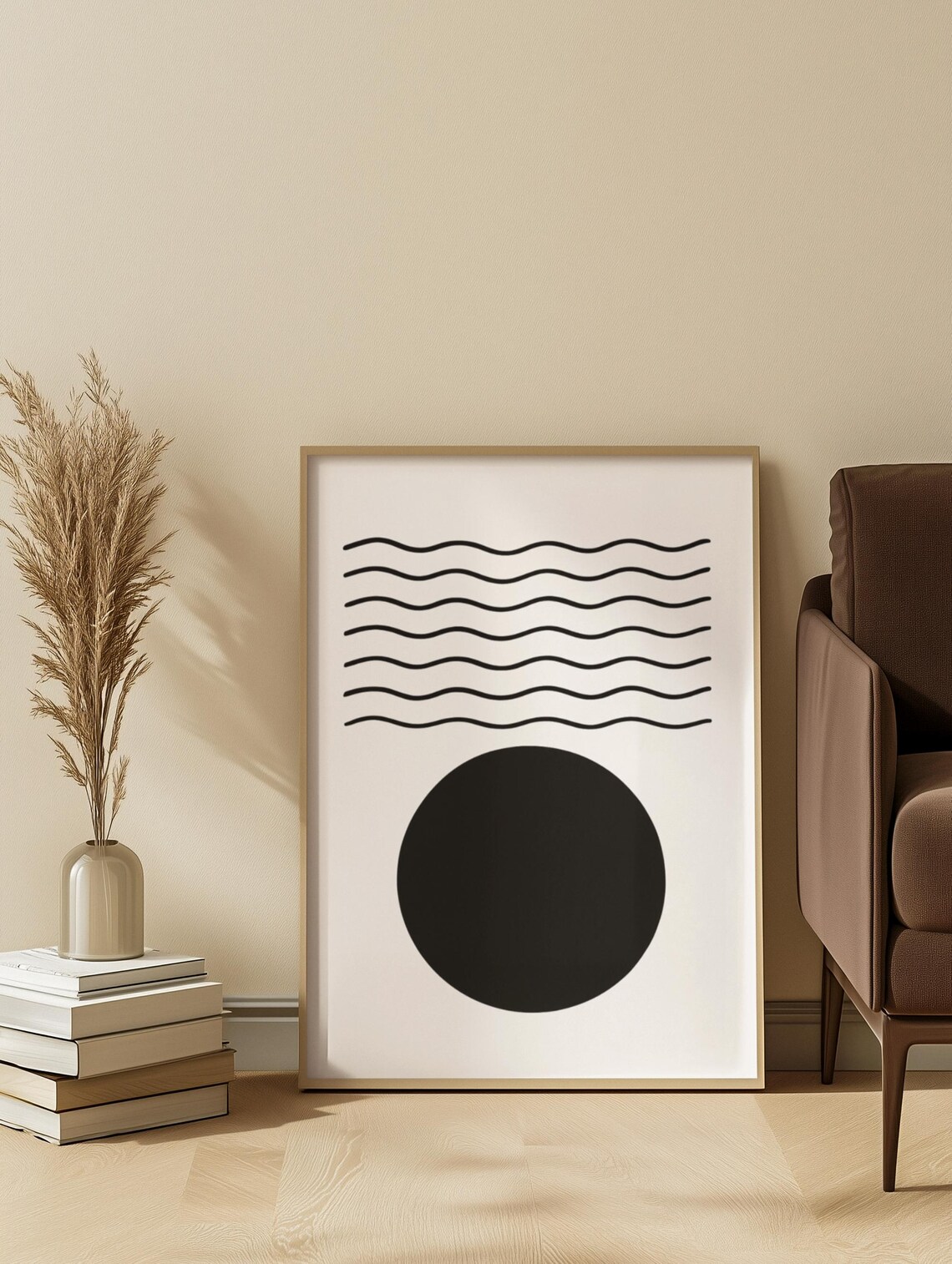 Beige And Black Geometric Circle Waves Minimalist Abstract Poster