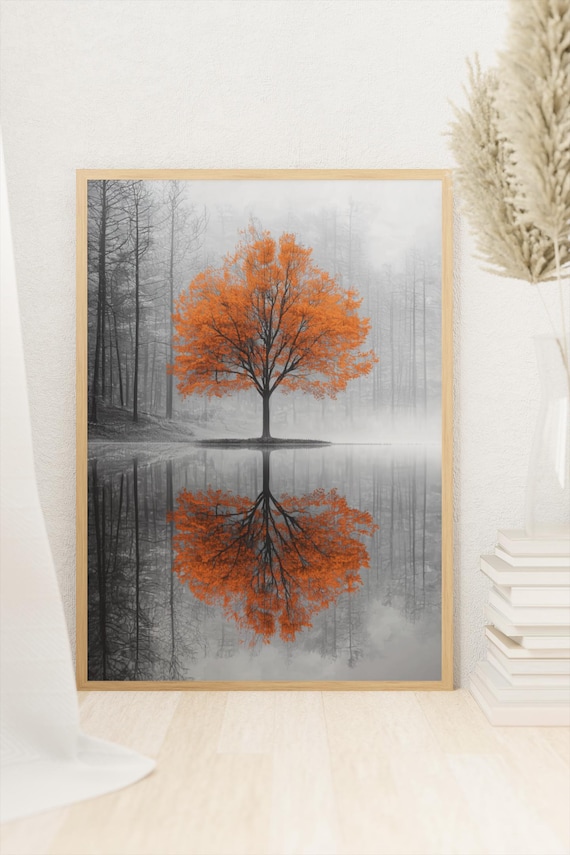 Burnt Orange Autumn Tree Mirror Reflection Lake Moody Farmhouse Wall Art