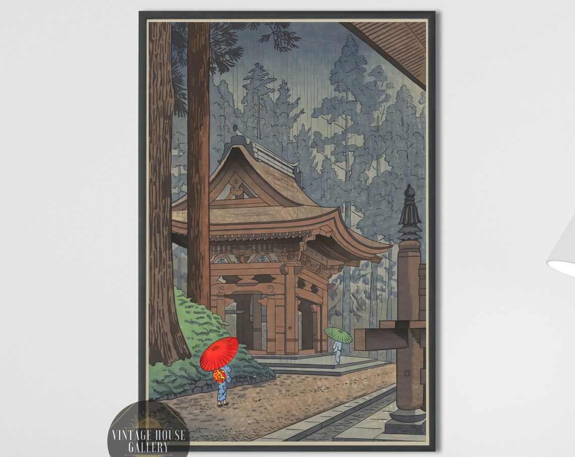 Rain Soaked Temple Gate with Red Umbrella in Misty Forest Print