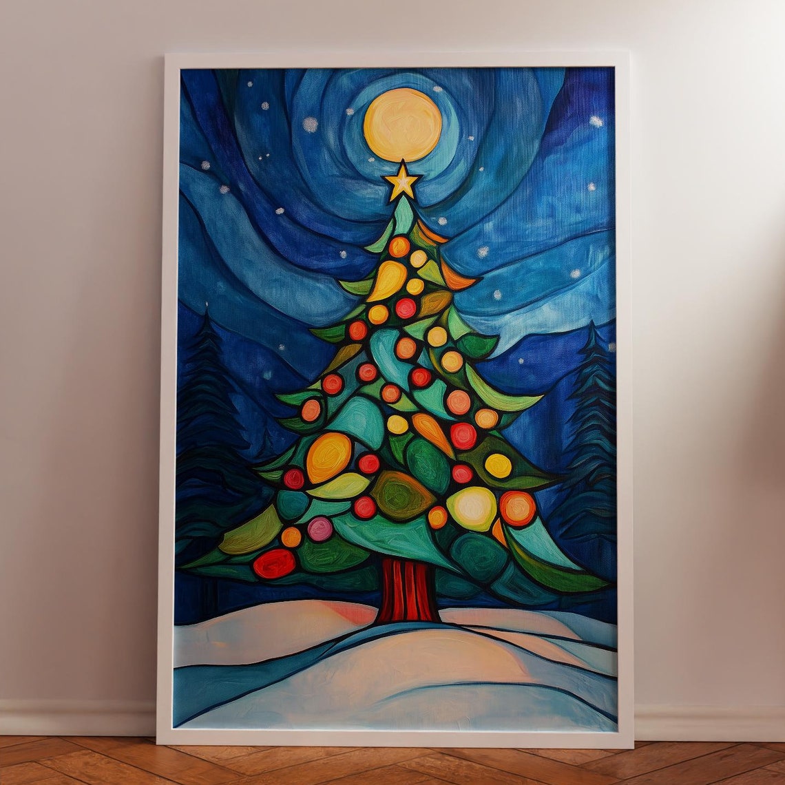 Whimsical Hand Painted Christmas Tree Starry Night Sky Poster