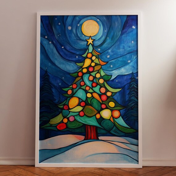 Whimsical Hand Painted Christmas Tree Starry Night Sky Poster