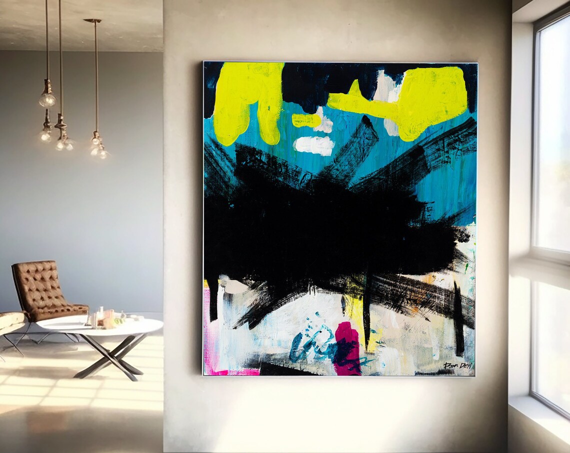 Large Scale Black Neon Yellow Abstract Brushstroke Art Poster - Image 4