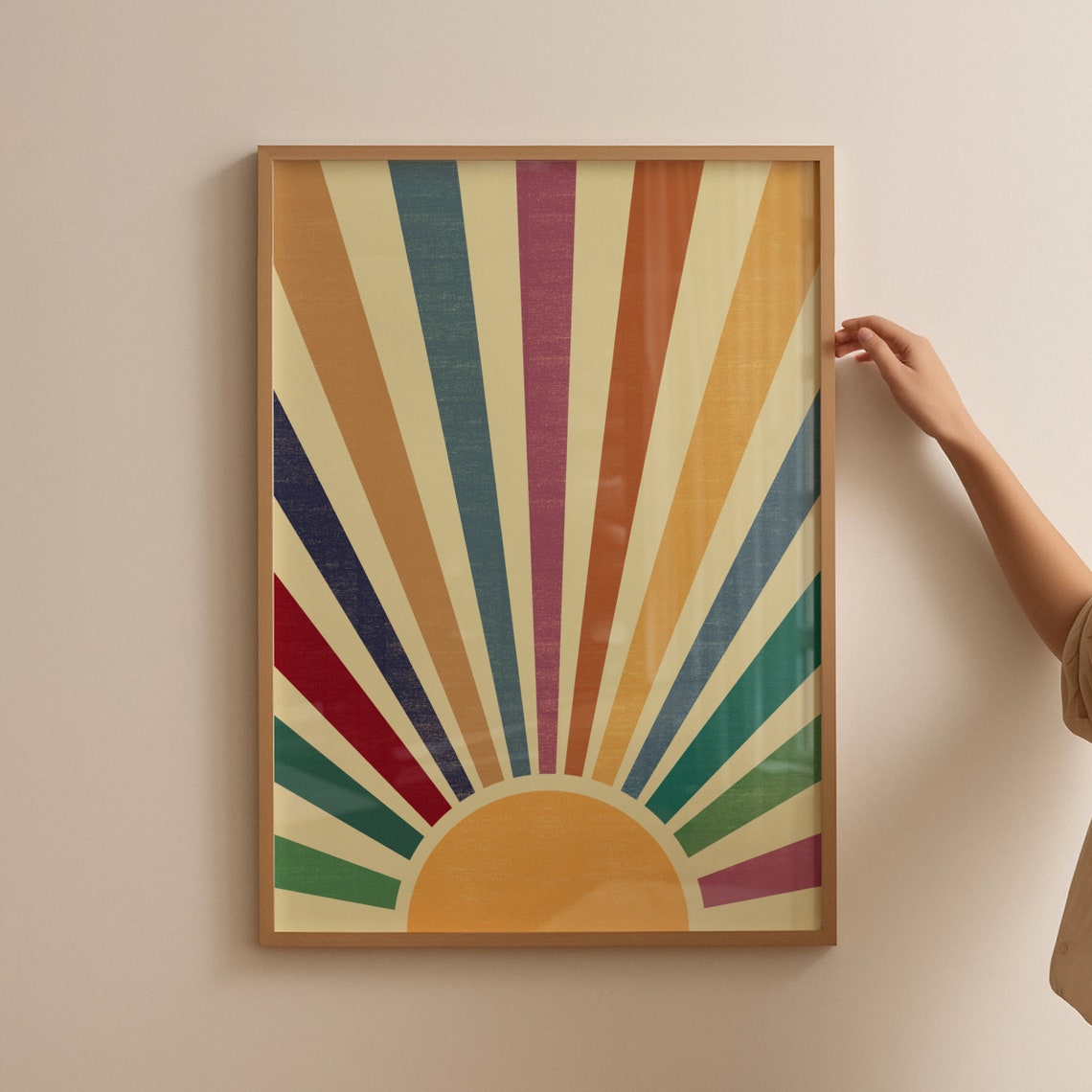 Rainbow Sunburst Colorful Retro Sunrise Boho Striped Art Poster