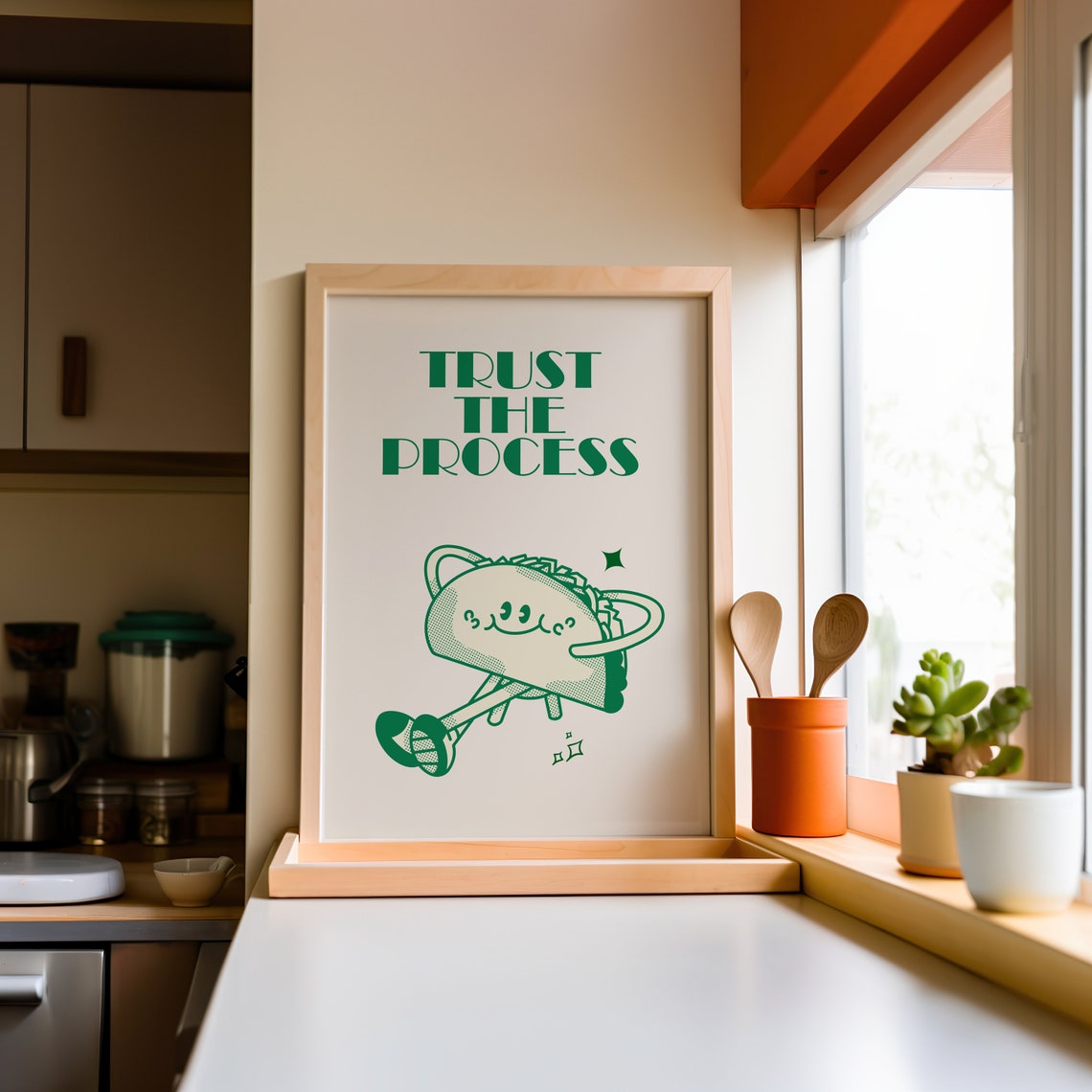 Trust The Process Happy Taco Character Retro Green Quote Poster - Image 4