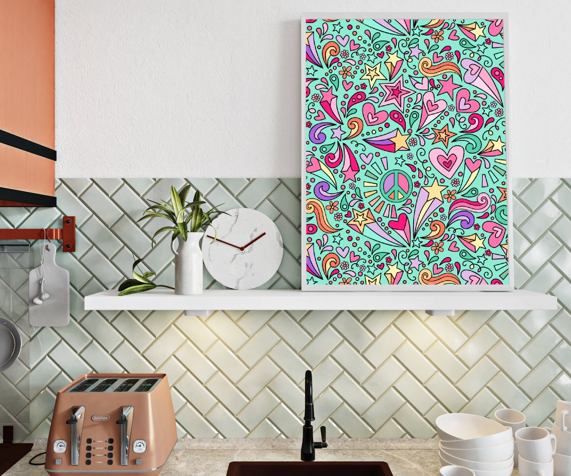 Psychedelic Mint Green Doodle Hearts Stars Peace Sign Poster - Image 3