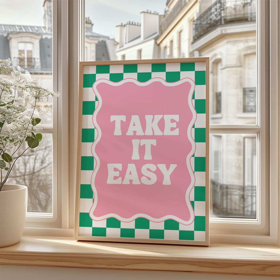 Take It Easy Retro Pink Groovy Checkerboard Quote Art Poster - Image 3