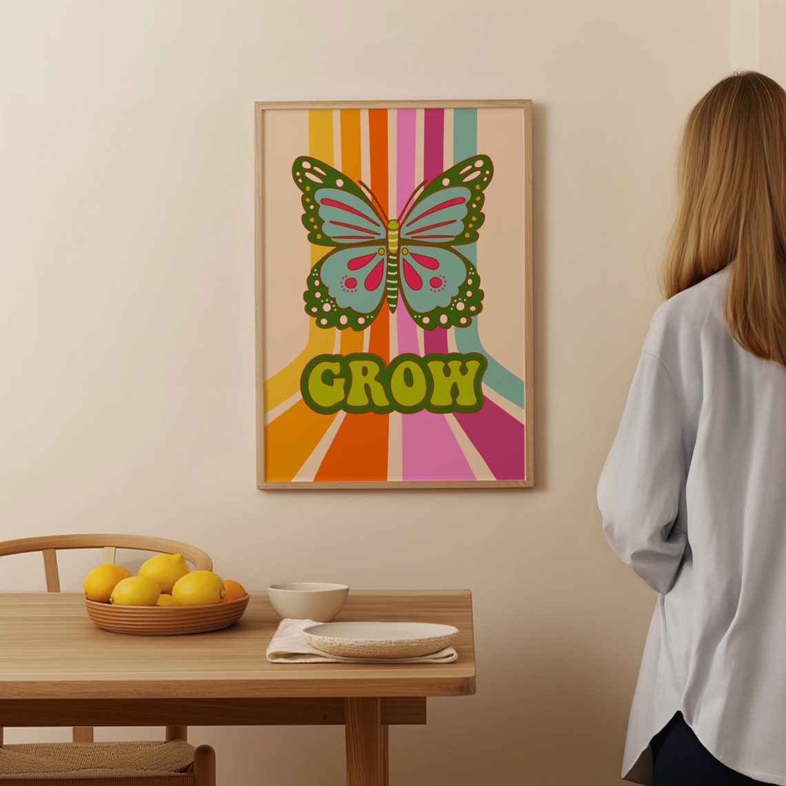 Grow Butterfly Groovy Rainbow Letters Retro Floral Quote Poster - Image 3