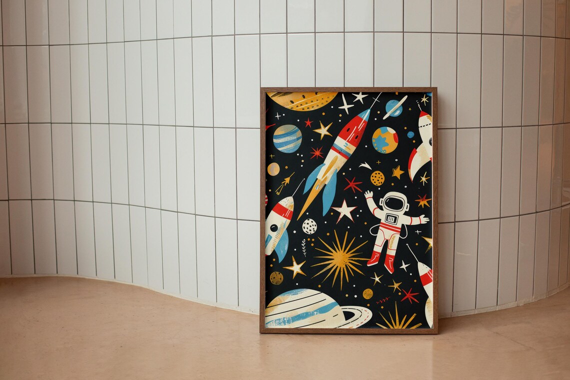 Retro Space Rockets Astronaut Planets Stars Vintage Galaxy Poster - Image 3