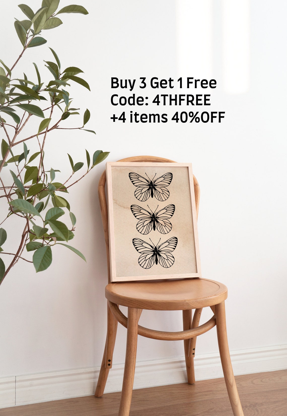 Three Black Butterflies Minimalist Line Art Beige Wall Poster - Image 4