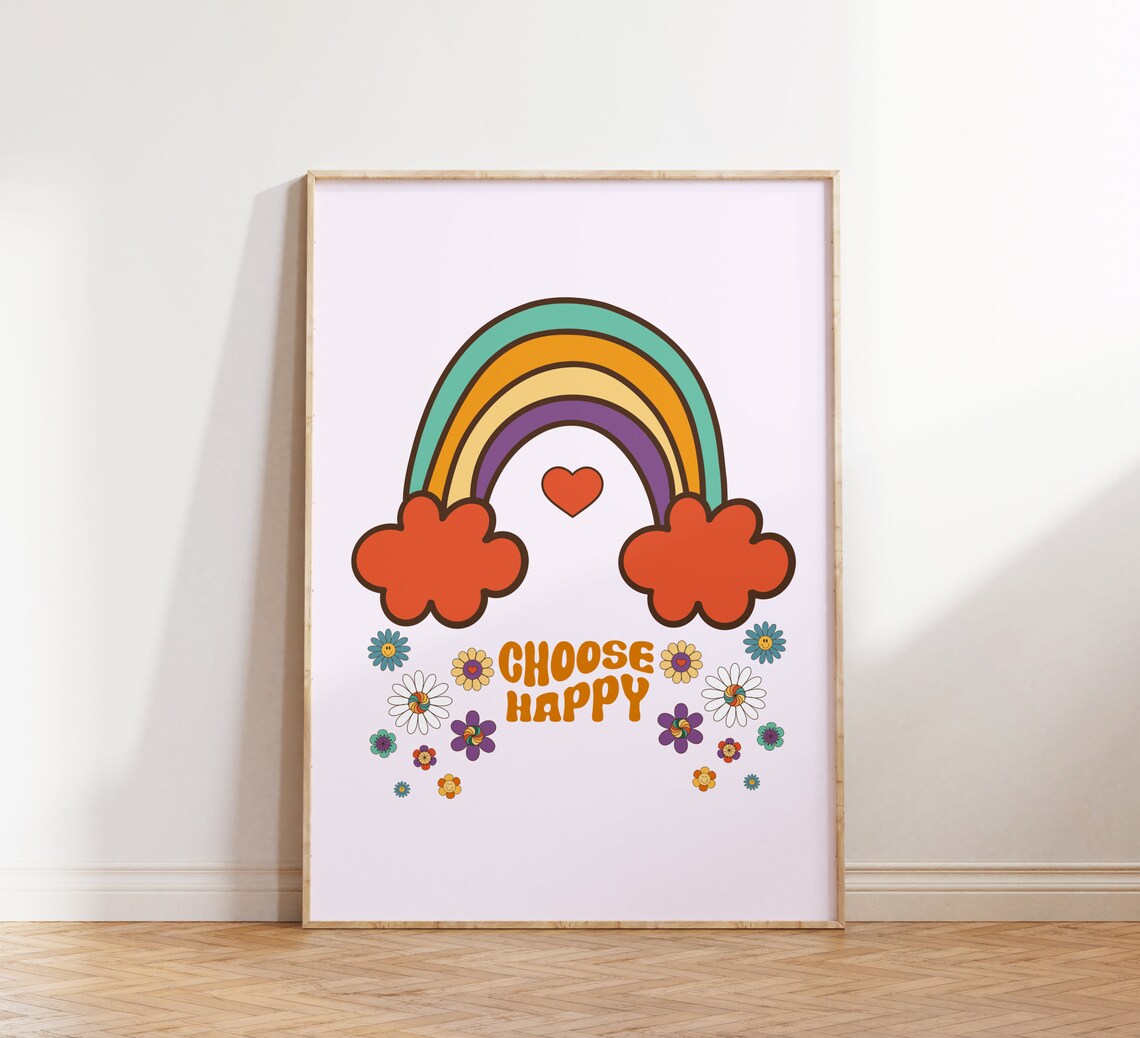 Choose Happy Retro Rainbow Flower Groovy Positive Quote Poster - Image 4