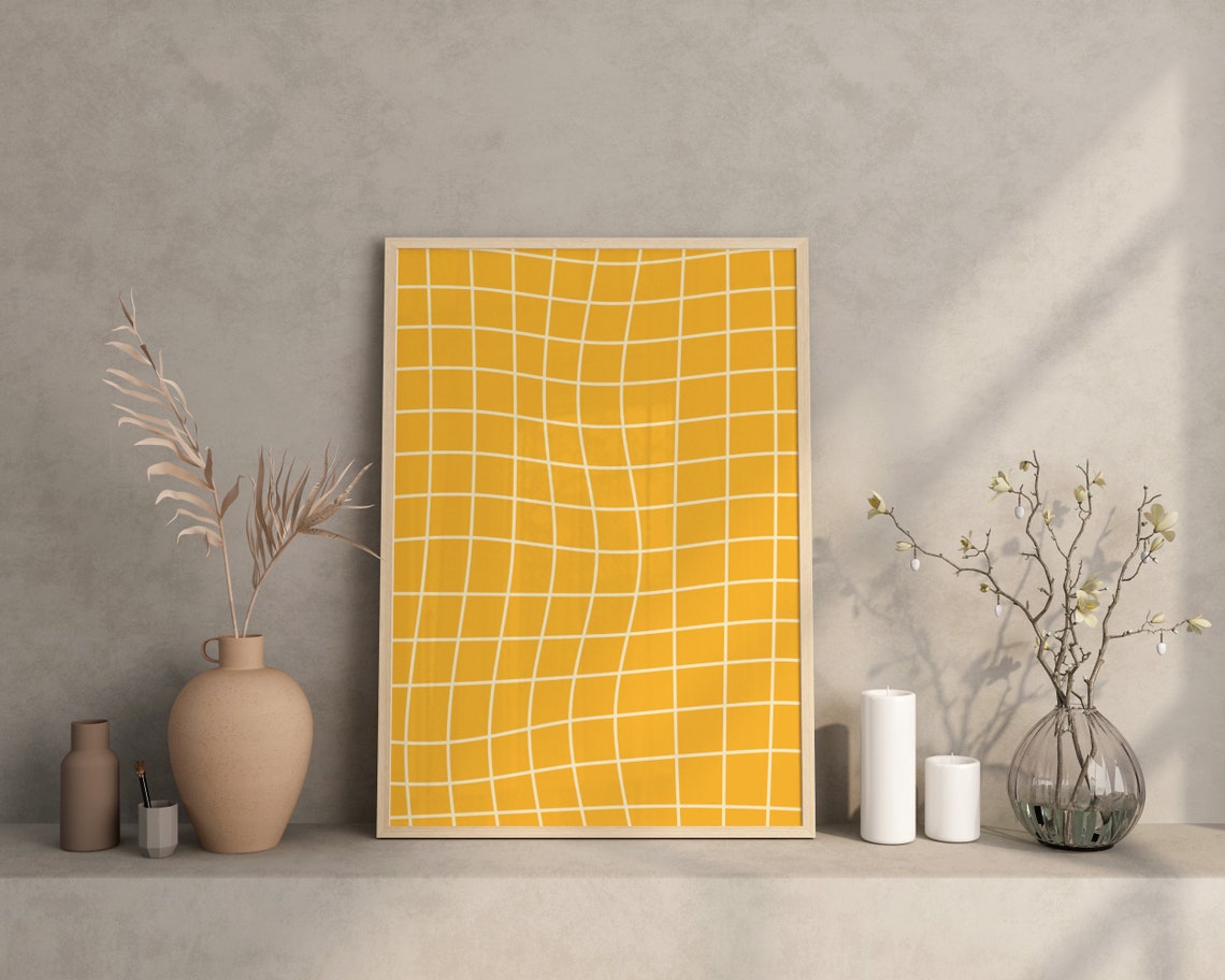 Wavy Yellow Grid Lines Bold Retro Psychedelic Abstract Art Print - Image 3