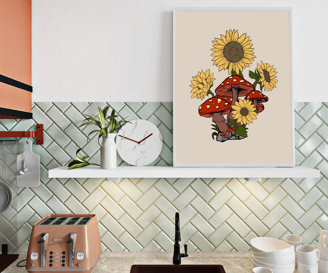 Sunflower Mushroom Retro Art Print, Hippie Decor - Image 3
