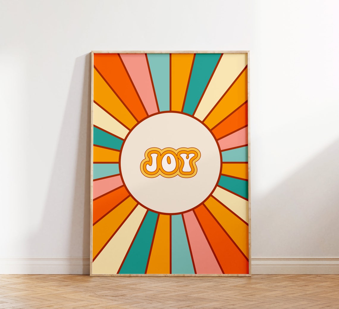 Joy Bold Retro Sunburst Burst Rays Groovy 70s Word Art Poster - Image 3