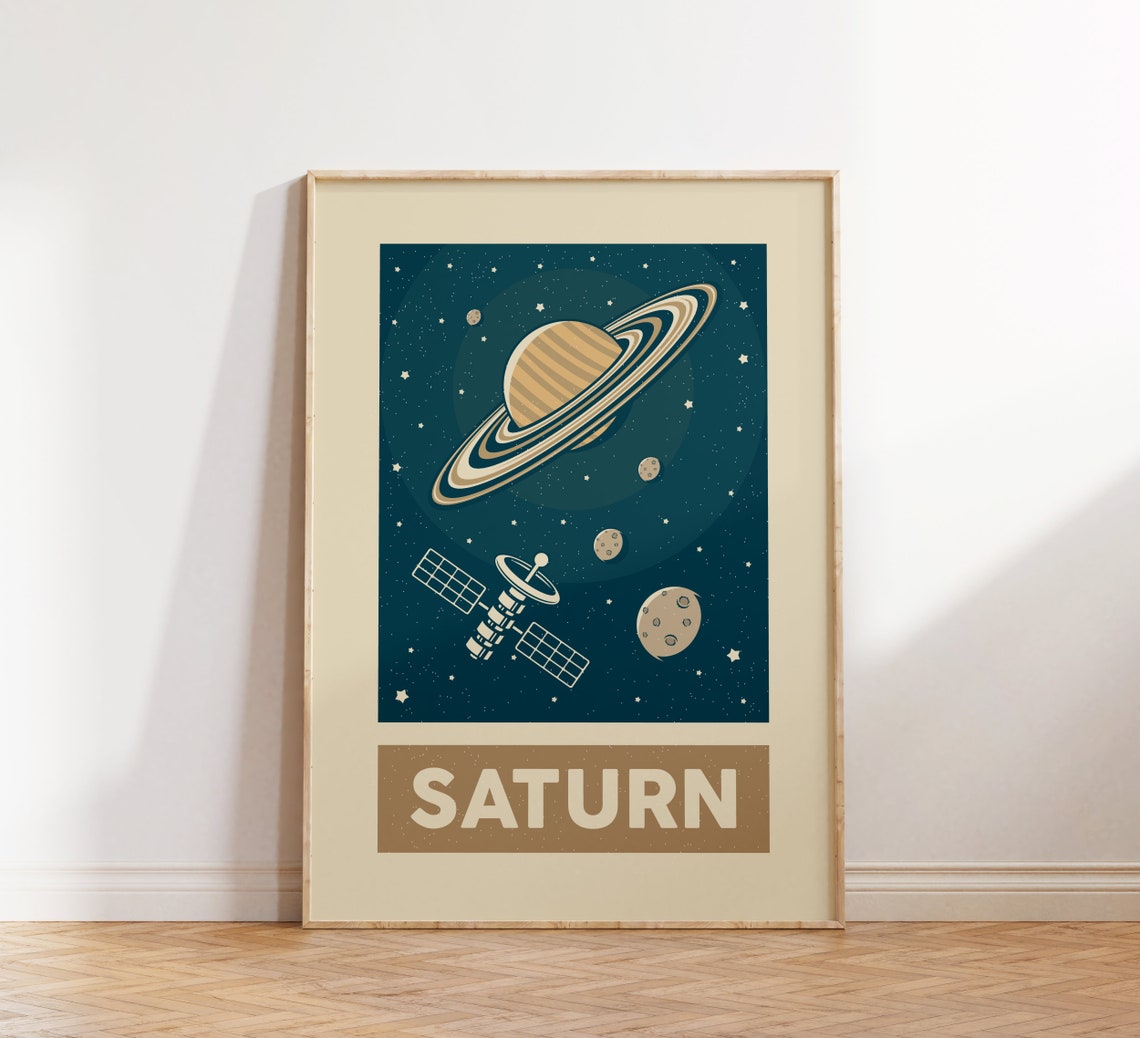 Saturn Retro Space Planet With Rings Satellite Solar System Poster