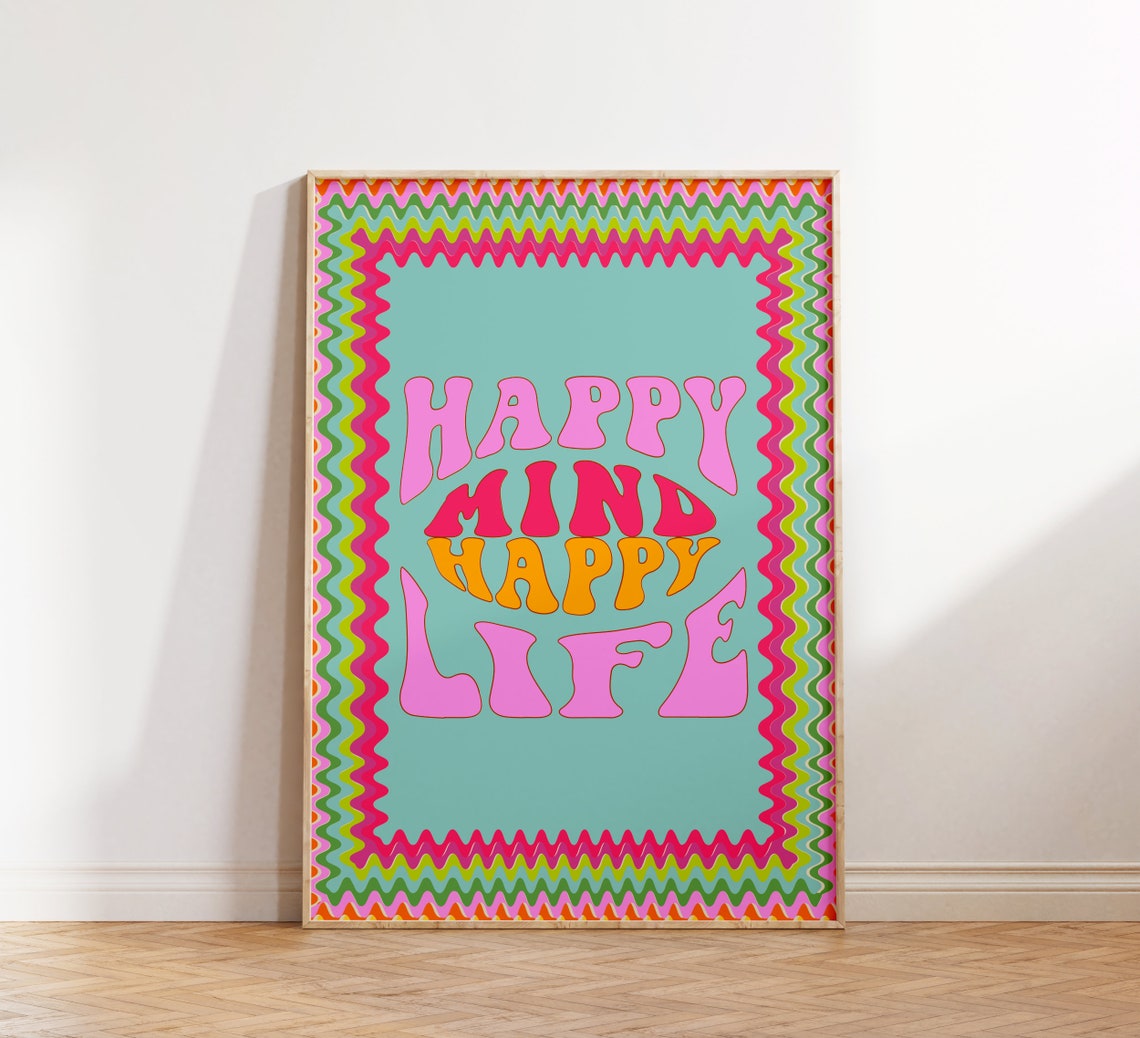 Happy Mind Happy Life Groovy Retro Quote Lettering Wall Poster - Image 2