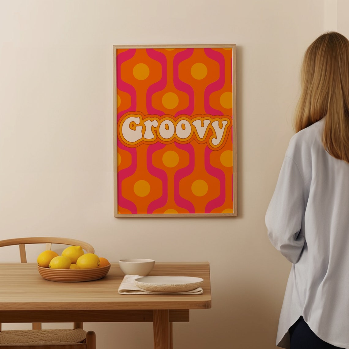 Groovy Bold 70s Retro Wavy Pattern Orange Pink Typography Poster - Image 2