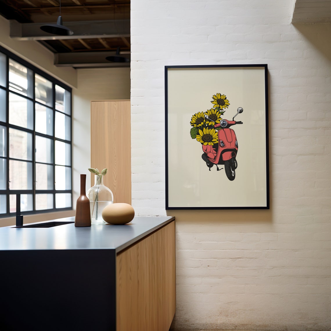 Red Vespa Scooter Carrying Sunflowers Retro Summer Art Poster - Image 4
