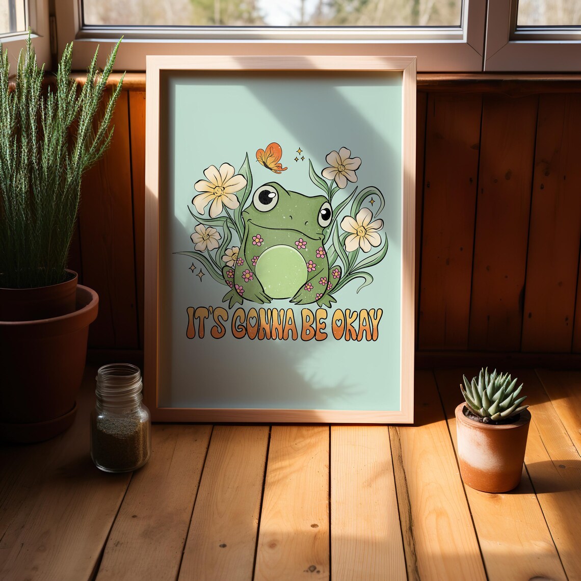 It's Gonna Be Okay Cute Frog Flowers Retro Mint Encouragement Poster - Image 4