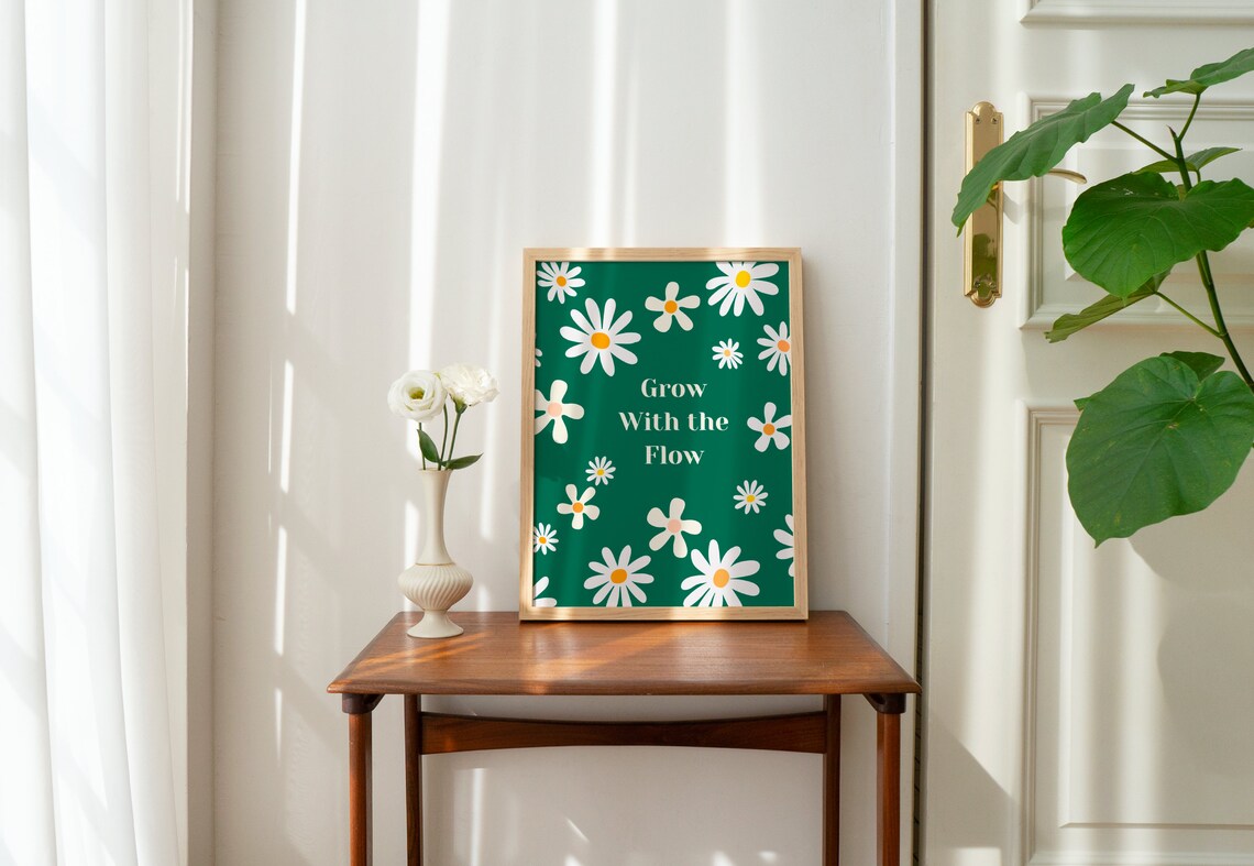 Grow With the Flow Green Daisy Floral Botanical Quote Poster - Image 2