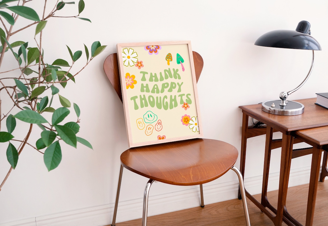 Think Happy Thoughts Retro Groovy Quote Poster Green Floral Decor - Image 3