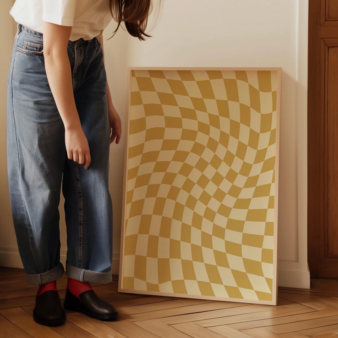 Wavy Yellow Cream Checkerboard Pattern Bold Retro Art Poster - Image 4