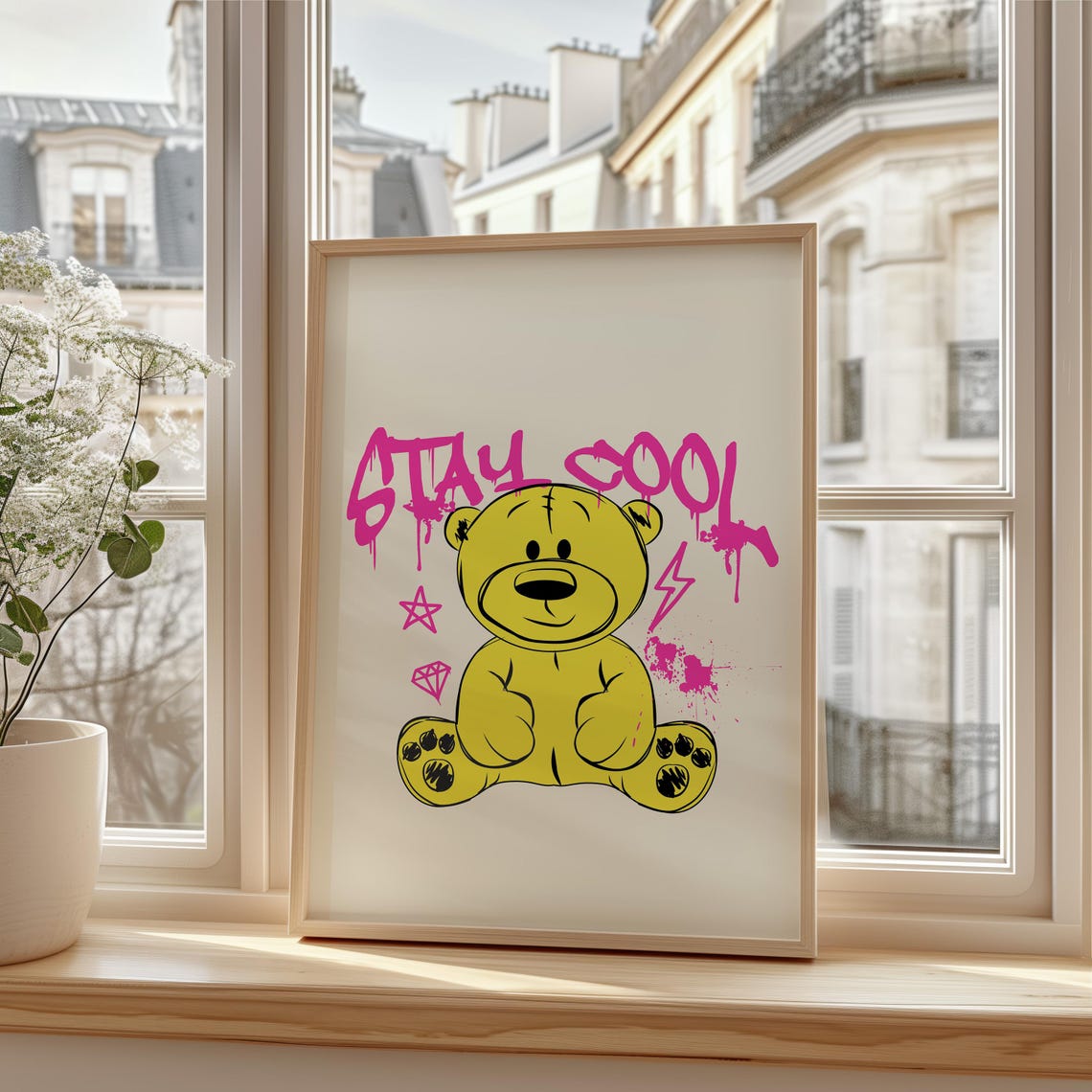 Stay Cool Bold Pink Graffiti Teddy Bear Street Style Art Poster - Image 3