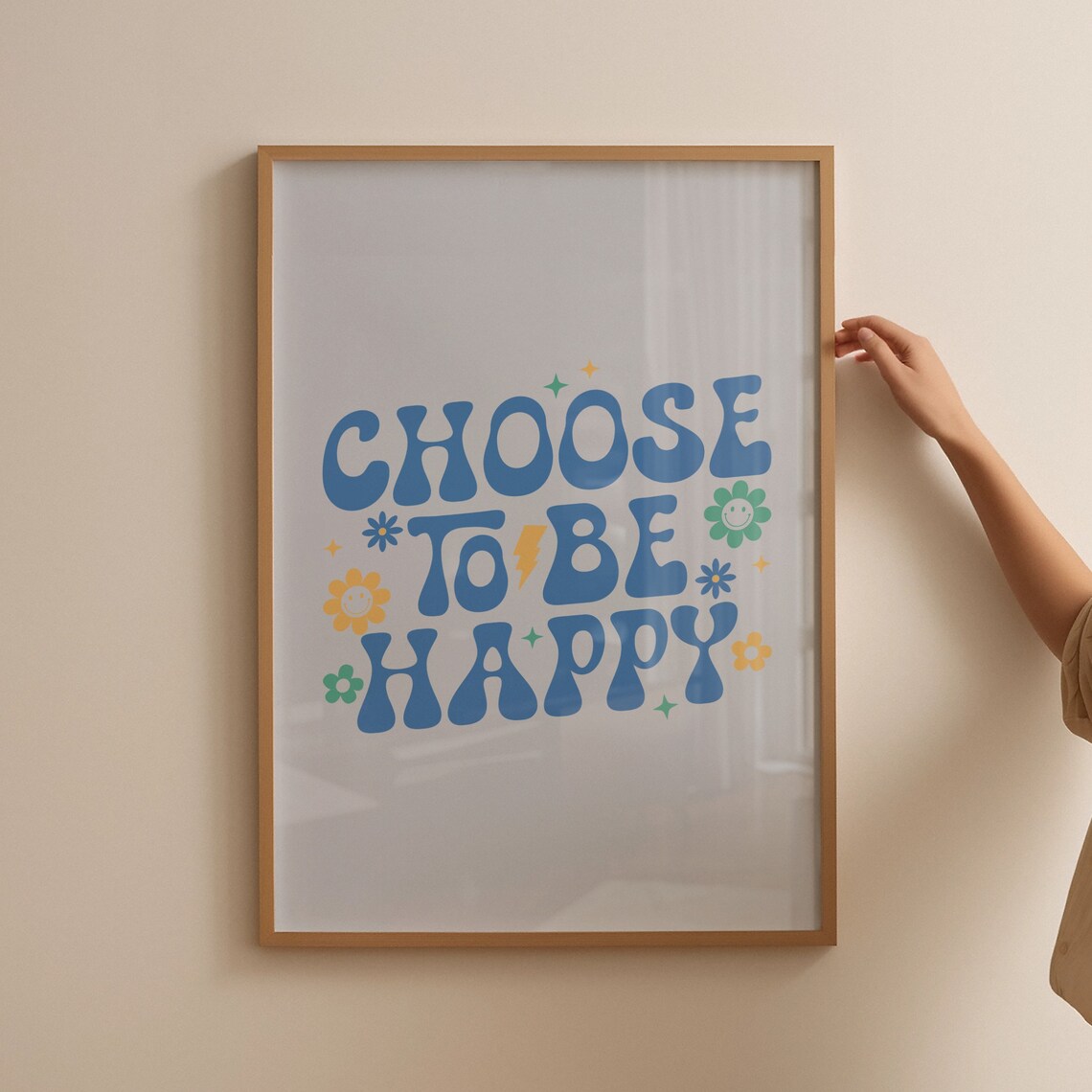 Choose To Be Happy Blue Groovy Retro Letters Happy Face Floral Poster - Image 4