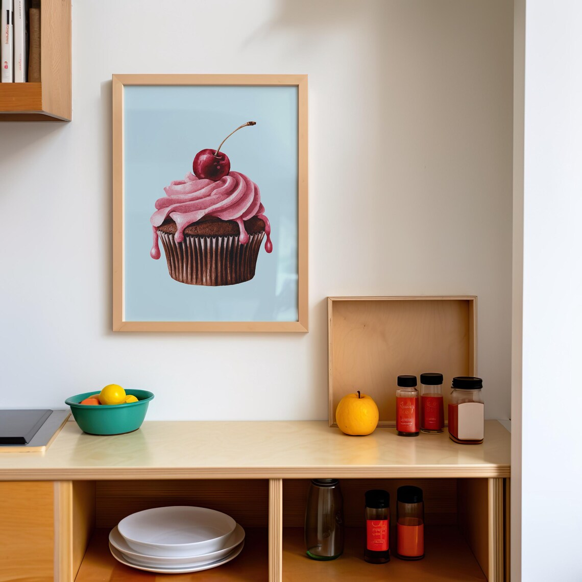 Sweet Cherry Cupcake Pink Frosting Watercolor Kitchen Art Poster - Image 3
