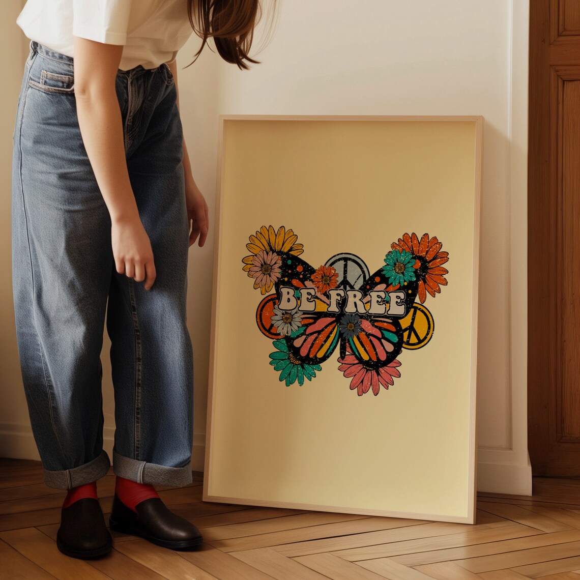 Be Free Butterfly Peace Sign Floral Vintage Hippie Groovy Poster - Image 3