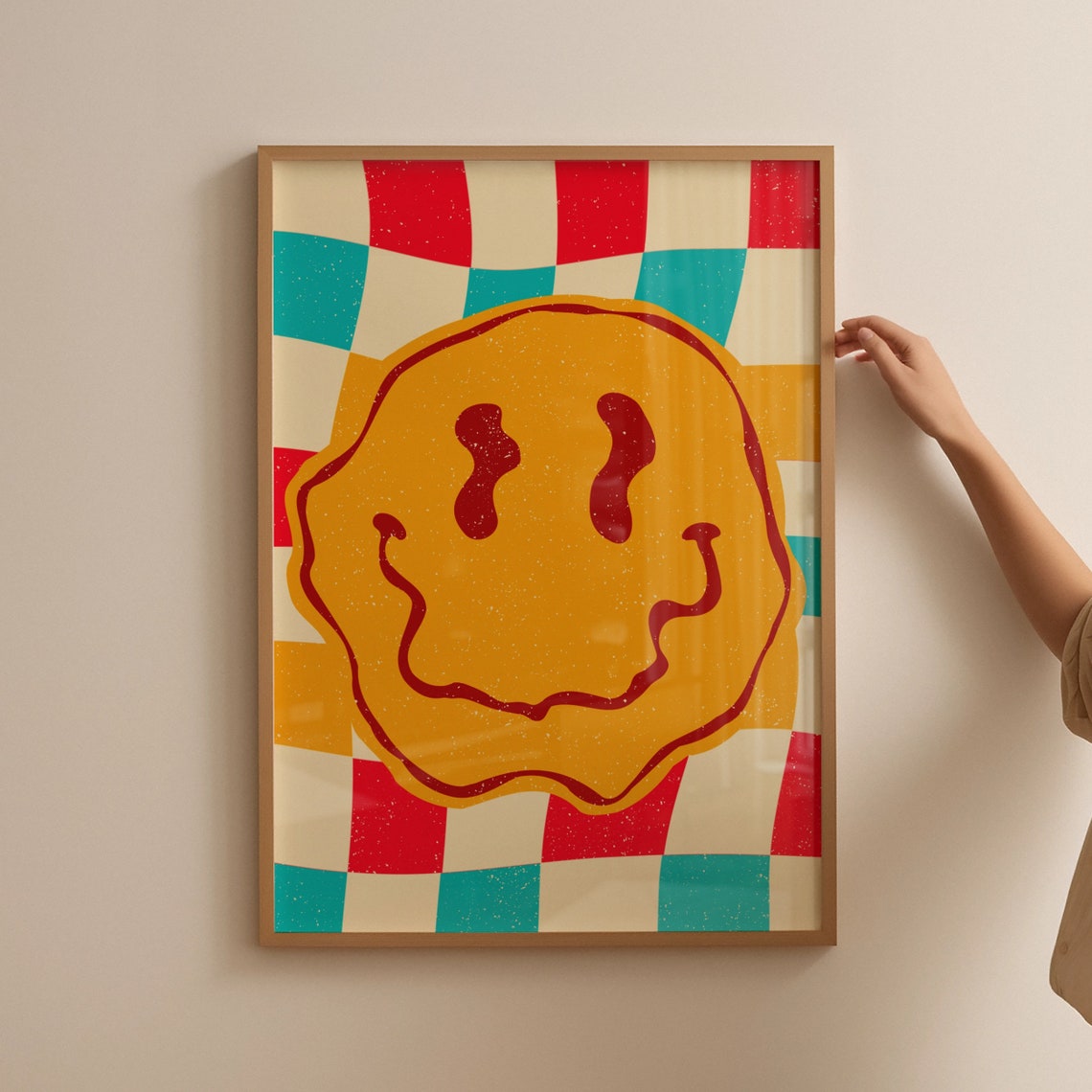 Trippy Melting Smiley Face Retro Checkerboard Pop Art Poster - Image 4