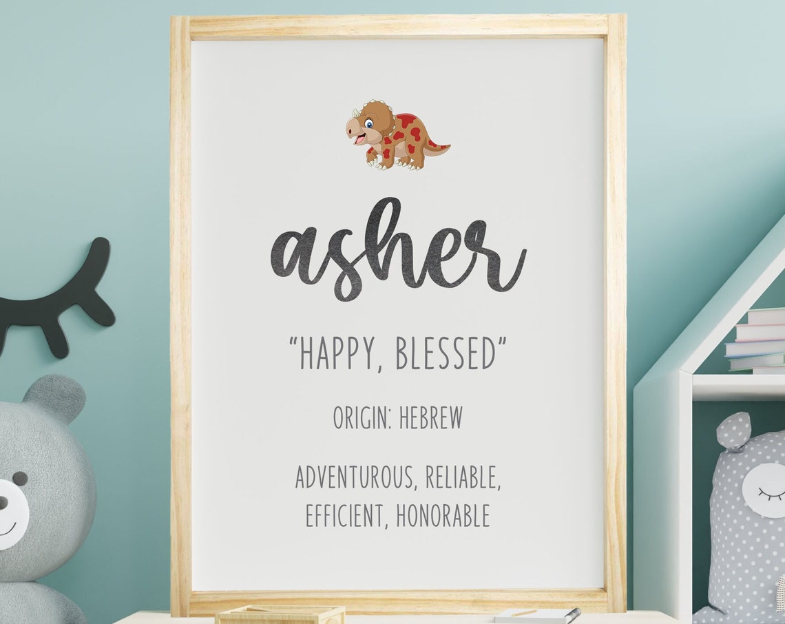 Asher Name Meaning Happy Blessed Hebrew Dinosaur Nursery Print