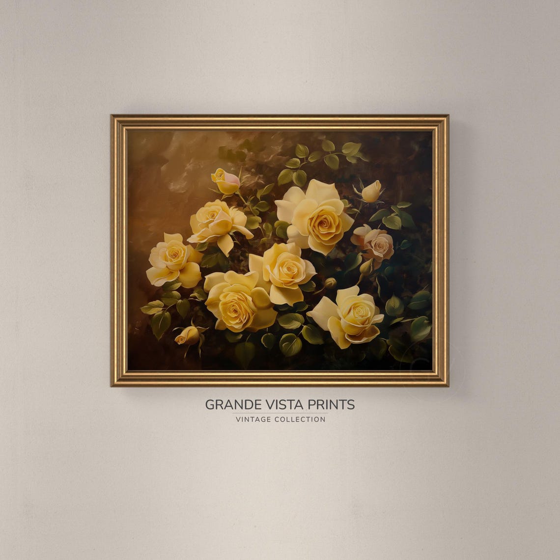 Cream Yellow Roses Vintage Still Life Dark Brown Floral Wall Poster - Image 3