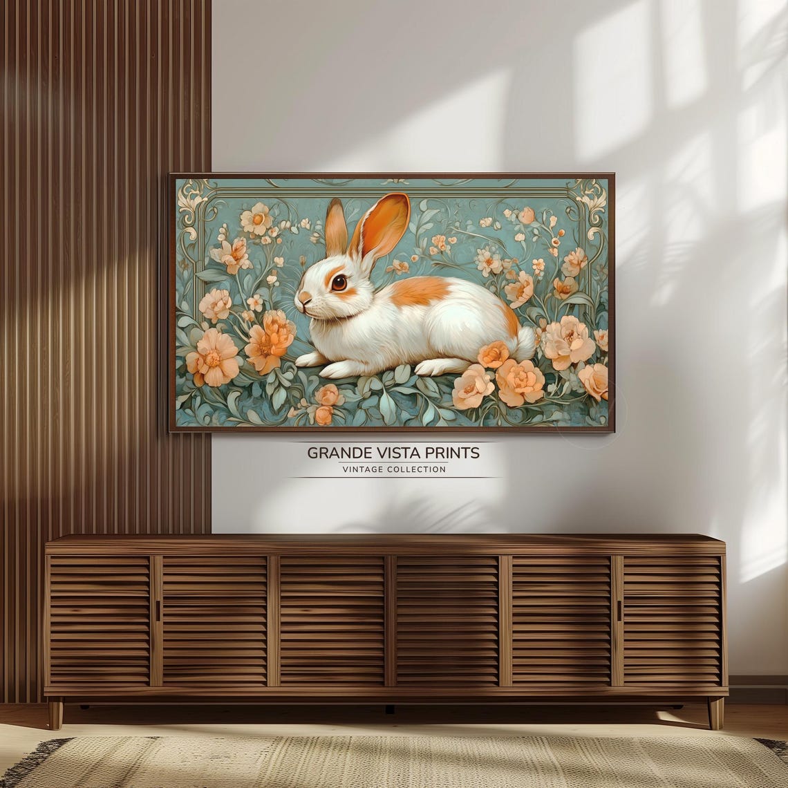 White and Orange Bunny Among Peach Roses Art Nouveau Floral Wall Art - Image 3