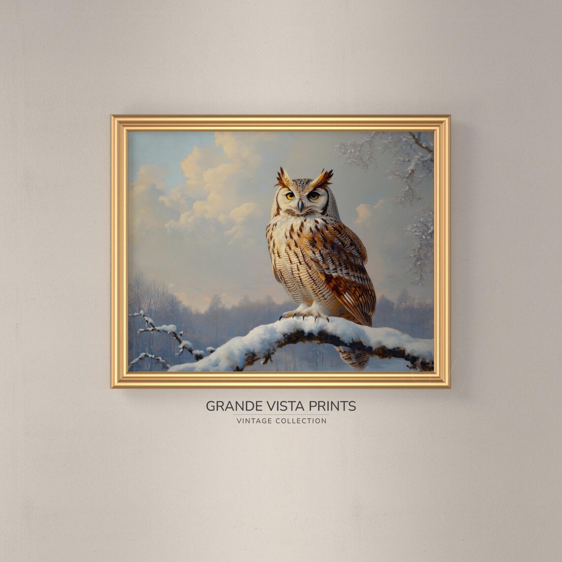 Great Horned Owl Snowy Branch Winter Wildlife Painting Poster - Image 3