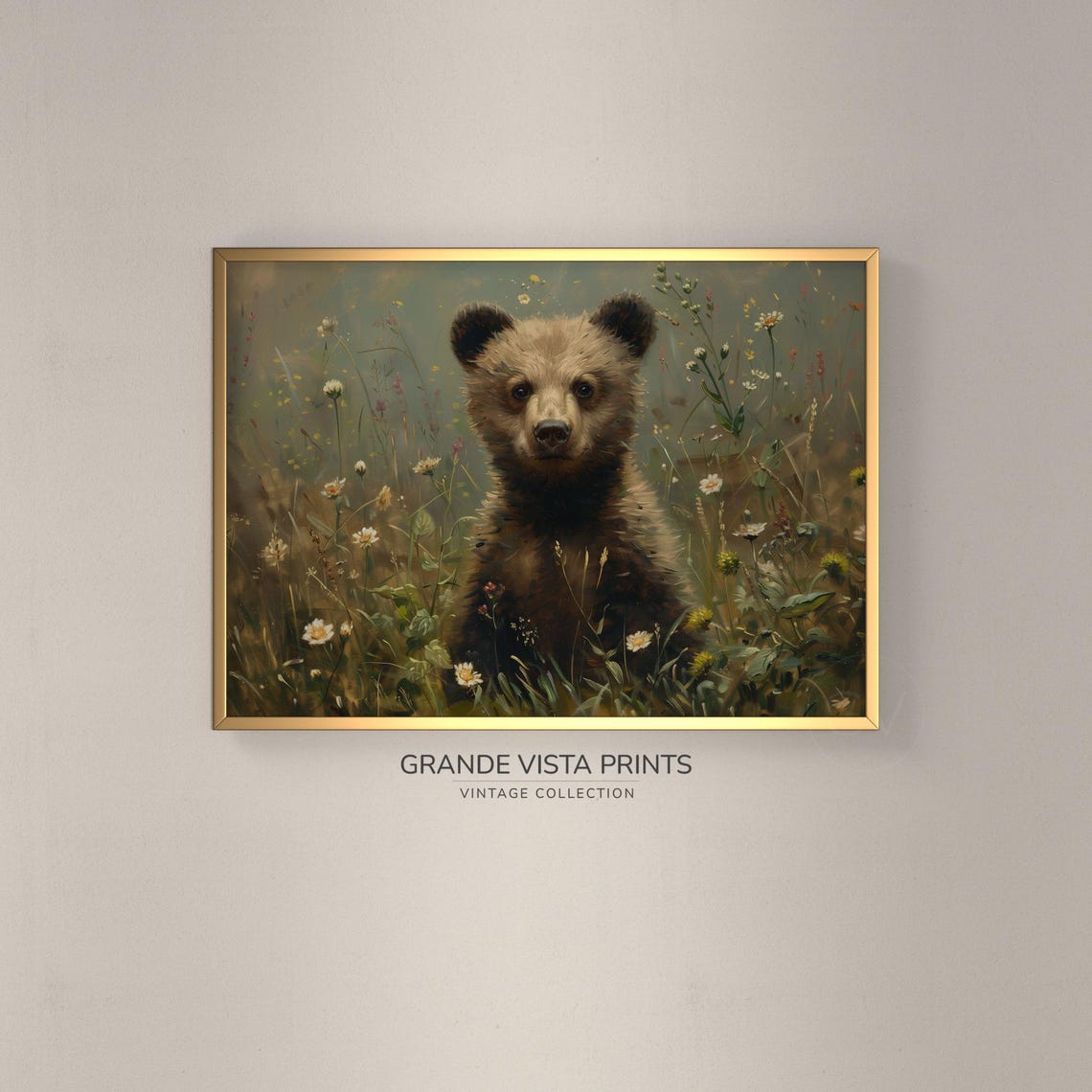 Bear Cub Wildflower Meadow Portrait Vintage Wildlife Art Poster